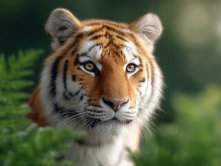 Fototapeta premium A striking close-up of a tiger's face, showcasing its vivid orange fur, bold stripes, and piercing eyes amid lush greenery.