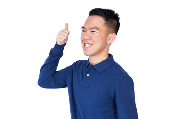 Fototapeta premium A young man in a blue long-sleeve polo shirt gives a thumbs up while smiling, captured from a side angle. Suggests support, positivity, or confident agreement with a more candid, natural feel.