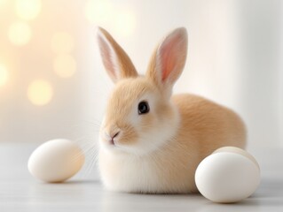 Fototapeta premium A cute, fluffy bunny rests beside white eggs, creating a serene and charming Easter-themed scene with soft lighting.