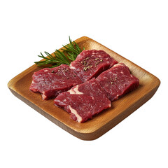 Fresh raw beef cuts with herbs on wooden plate for cooking meal preparation, fresh raw beef meat on wooden plate isolated on white background