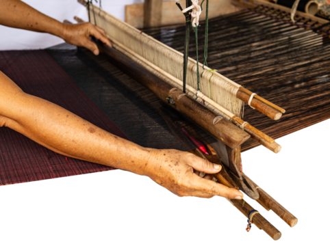 Traditional loom machine vintage style is tool for weave of making silk from cocoon use by homemade in Laos and Thailand