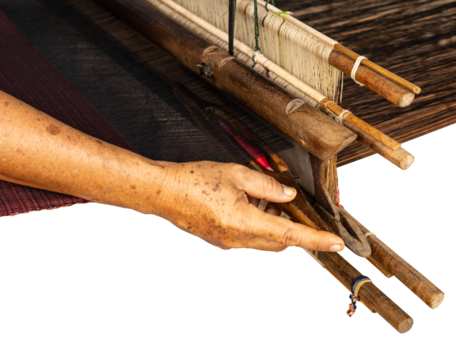 Traditional loom machine vintage style is tool for weave of making silk from cocoon use by homemade in Laos and Thailand