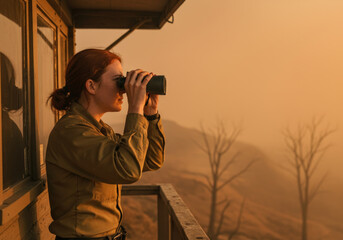 Red-haired Caucasian female park ranger scanning hazy sunset horizon with binoculars from a watchtower, observing landscape in a wildfire-prone area