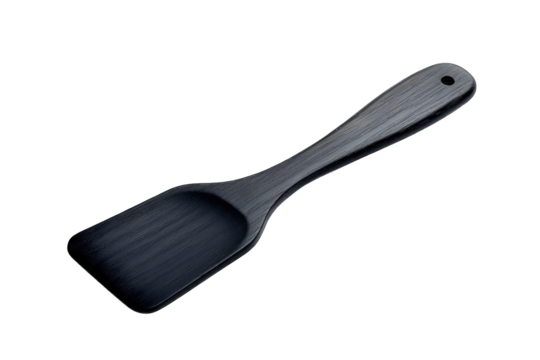 a sleek black wooden spatula with a flat wide head and a long handle designed for cooking and serving food its minimalist design emphasizes functionality and elegance in the kitchen