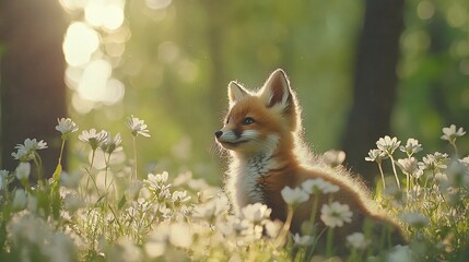 Naklejka premium Young fox sits amidst wildflowers, bathed in sunlight, green background