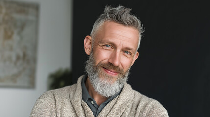 Portrait of smiling senior man with grey hair and beard wearing casual clothes
