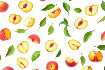 whole and sliced peaches scattered with green leaves on a white background showcasing the fruit's texture and color ideal for food-related designs or culinary contexts