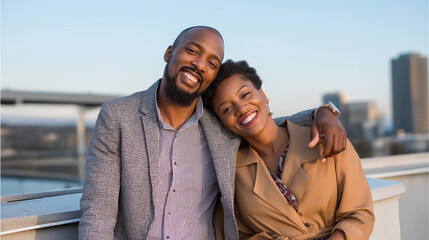 Happy couple smiling and embracing on rooftop with city view