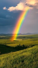 Rainbow arches over grassy hills after storm