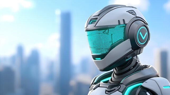 A tech savvy 3D cartoon AI robot with a holographic head up display, scanning a futuristic cityscape filled with digital signals.