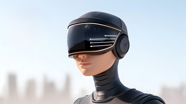 A tech savvy 3D cartoon AI robot with a holographic head up display, scanning a futuristic cityscape filled with digital signals.