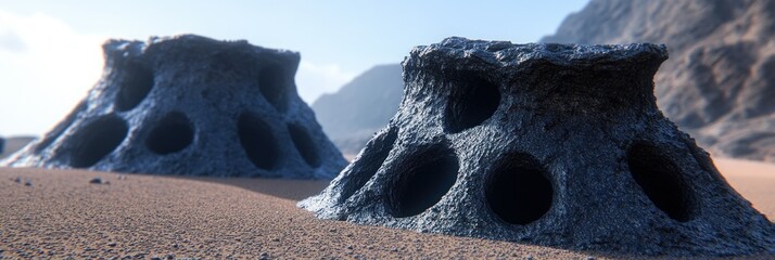 Alien landscape rocks on a sandy beach