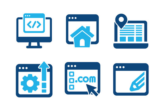 Web development glyph solid icons isolated on white background