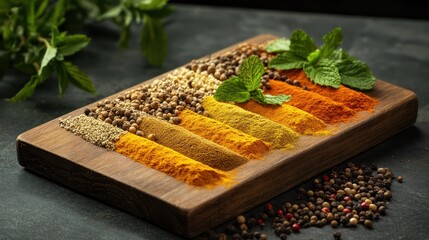 A rustic wooden serving board filled with carefully placed lines various spices, including golden curry powder, dried mint, cracked Sichuan peppercorns