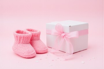 pair of pink baby booties next to a white gift box