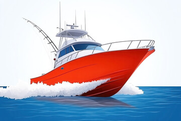 A vibrant red boat navigating through blue waters on white background, showcasing dynamic movement and a clear sky backdrop.
