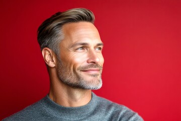 Obraz premium Conceptual art of style for aging men. Elegant men's classic long sweep haircut - midlife white man with blond hair. A fashionable man posing for a stylish portrait. Red solid background.