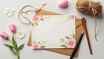Easter Egg Flat Lay Gift Elements Arrangement. A blank greeting card with pink flowers and a brown envelope.
