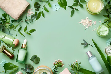 Arrangement of organic beauty products with green leaves and background