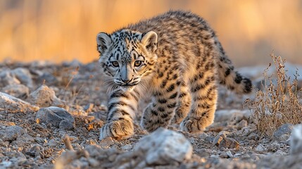 Fototapeta premium Adorable snow leopard cub exploring rocky terrain at sunset