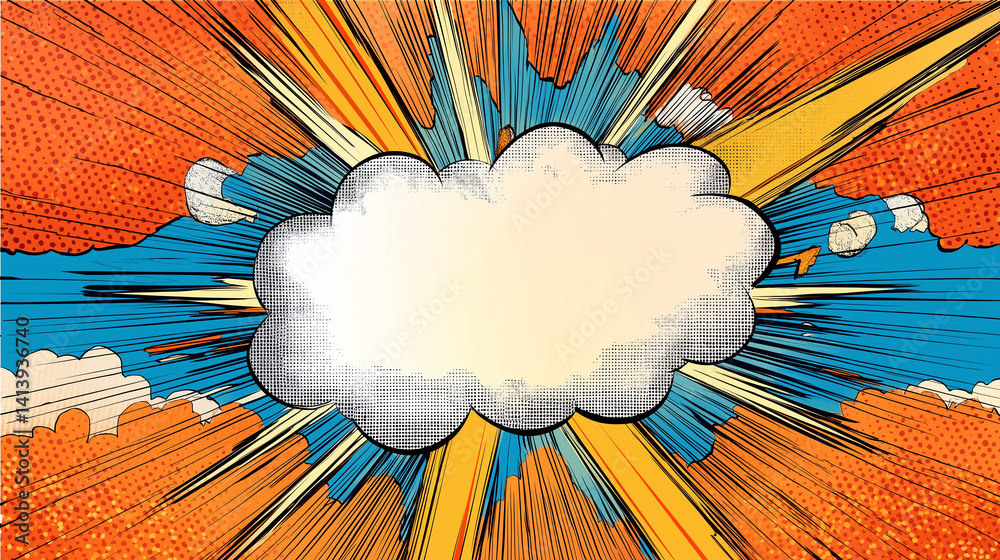 Aufkleber comic explosion background with blank speech bubble and speed lines
