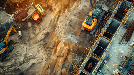 An aerial view of construction equipment and building groundwork