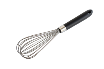 a stainless steel whisk with a black handle designed for mixing ingredients in cooking and baking its flexible wires allow for efficient blending and aeration of mixtures