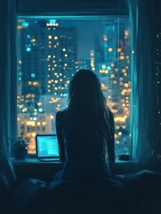 Contemplative silhouette by the window watching the twinkling lights of cityscape
