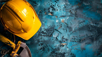 A yellow construction helmet lies on a textured turquoise surface