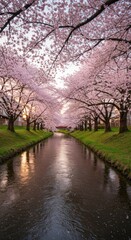 Serene Canal Under Blooming Sakura Trees: A Pastel Sunset Scene