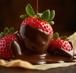 Juicy Strawberries Covered in Dripping Melted Chocolate on Parchment Paper
