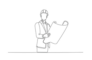 Engineer holds paper or blueprint in continuous one line drawing. Single line art illustration of architect holding blueprint. Editable vector.