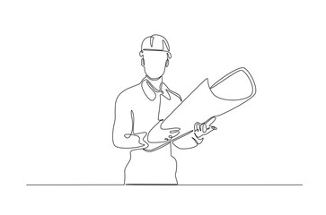 Obraz premium Engineer holds paper or blueprint in continuous one line drawing. Single line art illustration of architect holding blueprint. Editable vector.