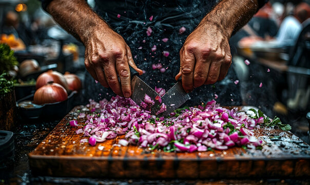 Expertly slicing fresh meat culinary food preparation