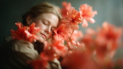 Naklejka premium Serene Woman Sleeping Hibiscus Flowers Cinematic Portrait Macro Photography
