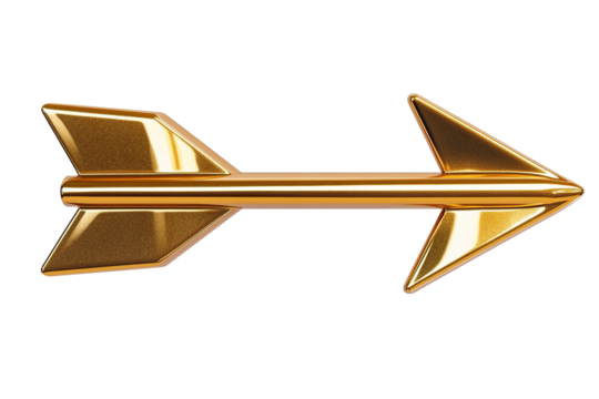 Golden arrow pointing right, with fletching at both ends, on transparent background