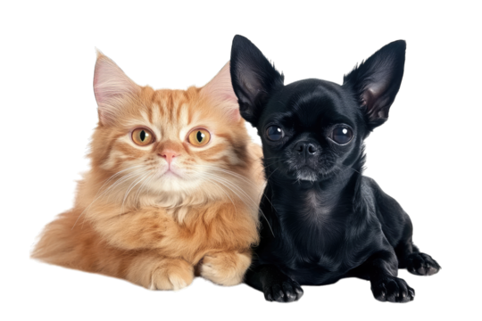 a fluffy orange cat and a sleek black chihuahua sit together against a white background showcasing their contrasting fur textures and playful expressions