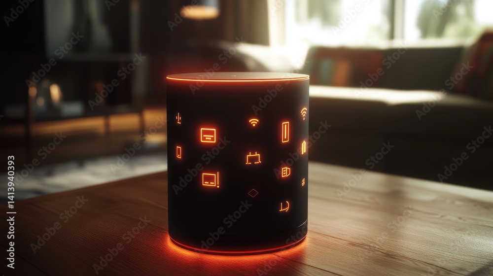 Poster voice-controlled home automation interface with glowing icons for different devices