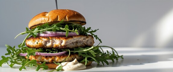 Gourmet fish burger showcasing fresh rocket and red onion on a bright background perfect for culinary blogs
