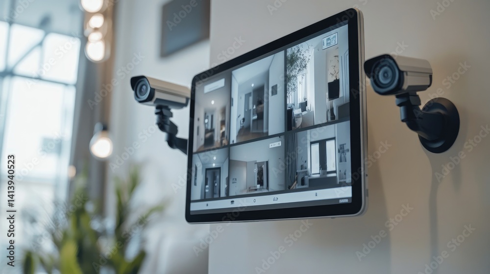 Poster wall-mounted tablet displaying real-time video feed from multiple smart security cameras