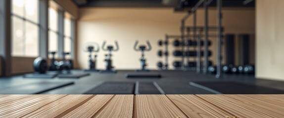 Wooden Tabletop with Blurred Gym Background Great for Product Displays.
