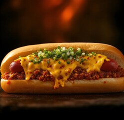 Hot Dog Topped with Spicy Chili, Melted Cheese, and Fresh Green Onions
