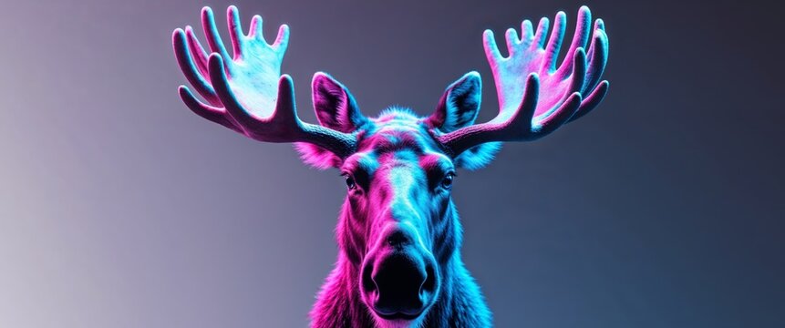Neon Pink and Blue Moose Head Digital Art.