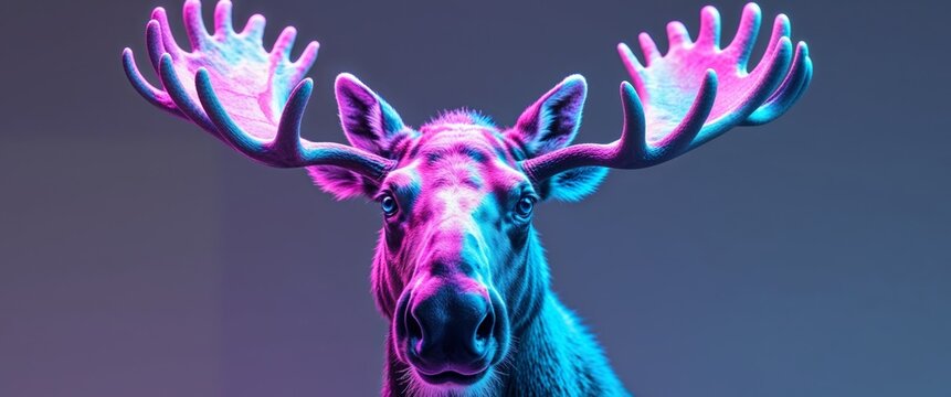 Neon Pink and Blue Moose Head Digital Art