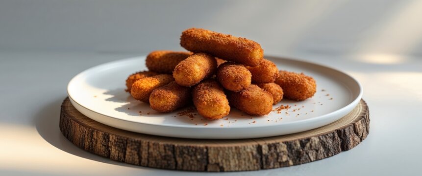 Serving Fried Croquettes on a White Plate with Wood Base