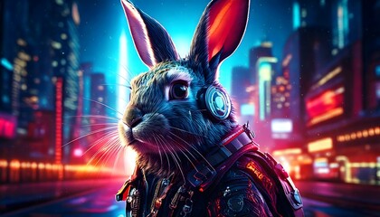 Cyberpunk Bunny with Headphones in Futuristic Neon City at Night