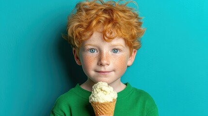 Cheerful child enjoys rocky road ice cream in a waffle cone against a vibrant background