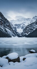 Serene Winter Landscape: Frozen Lake and Majestic Snow-Capped Mountains