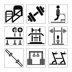 Gym Equipment Set Icons Collection Various Workout Machines Black And White Style