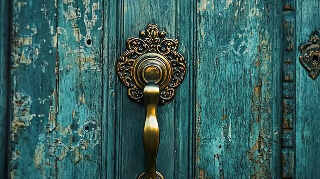 Aged teal wooden door with ornate brass handle